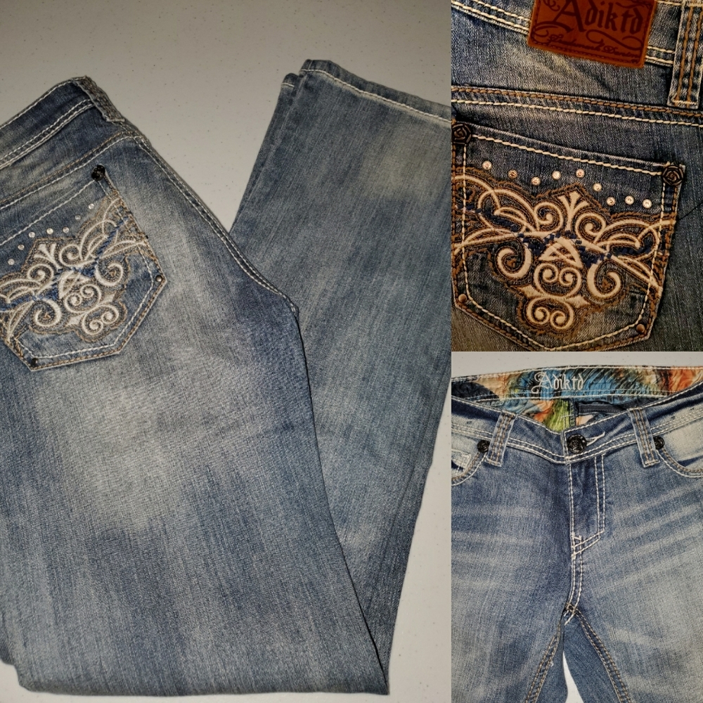 EUC Adiktd bootcut bling pocket jeans